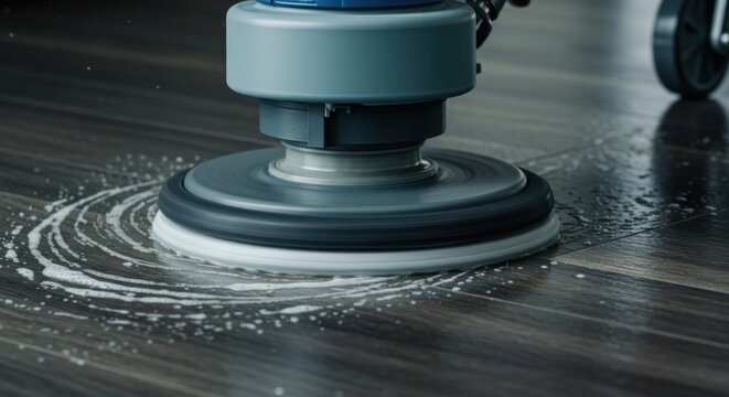 Close-up of industrial floor buffer cleaning hardwood with suds and shine