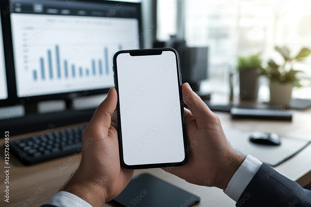 Aufkleber analyzing business data: smartphone screen displays charts and graphs efficiently in modern office