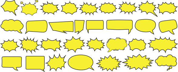 Comic speech bubbles, explosion shapes, and thought bubbles in yellow. Blank dialogue boxes for pop art, comics, and graphic design. Editable cartoon elements for creative projects, marketing