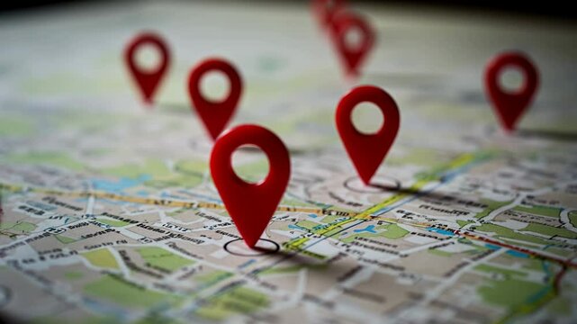 Map with red location markers, navigation and travel concept, tourism and route planning, guide, horizontal video