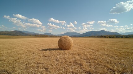 Hay bale in harvested field, mountain backdrop, sunny day, rural landscape, farming