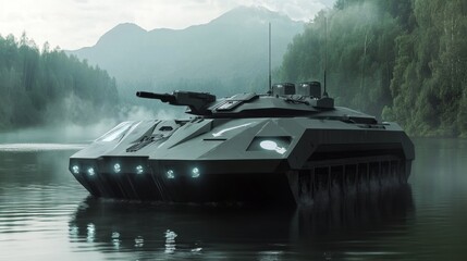 Futuristic Amphibious Military Tank in Nature