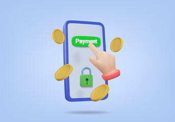 Vector 3D rendering of online payment concept. Showing hand tapping the Payment button on a smartphone with floating coins. Referring to digital transactions financial technology and safety in trading