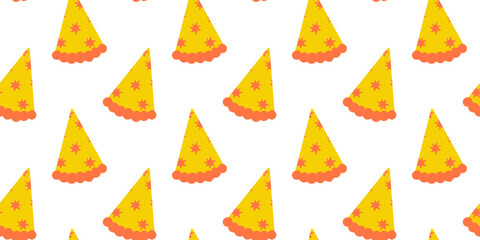 Colorful party hats in repeating pattern decorate a festive background for celebrations