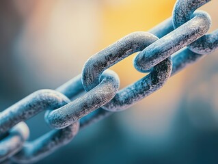 Metal chain with links connected together on a plain background for industrial or decorative use