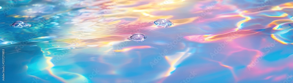Poster water surface reflecting colorful light with floating bubbles present
