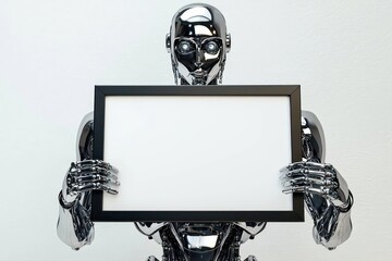 A beveled matte black frame holding a blank white sheet, presented symmetrically by a sleek humanoid with chrome arms on white.