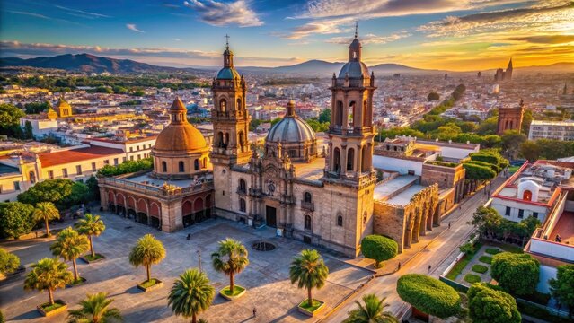 Aguascalientes' San Antonio Church: a breathtaking aerial perspective of its historic cathedral, rich in Mexican culture and religious architecture.
