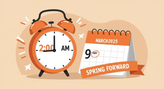 Daylight saving time spring forward concept with clock and calendar for march 2025