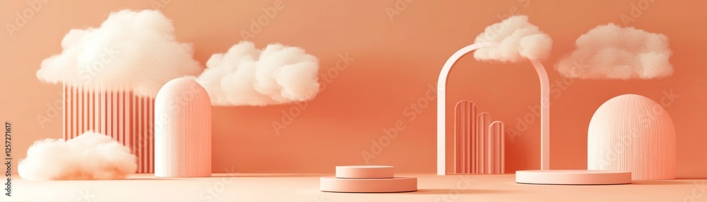Poster peach colored geometric shapes with clouds in a studio setup
