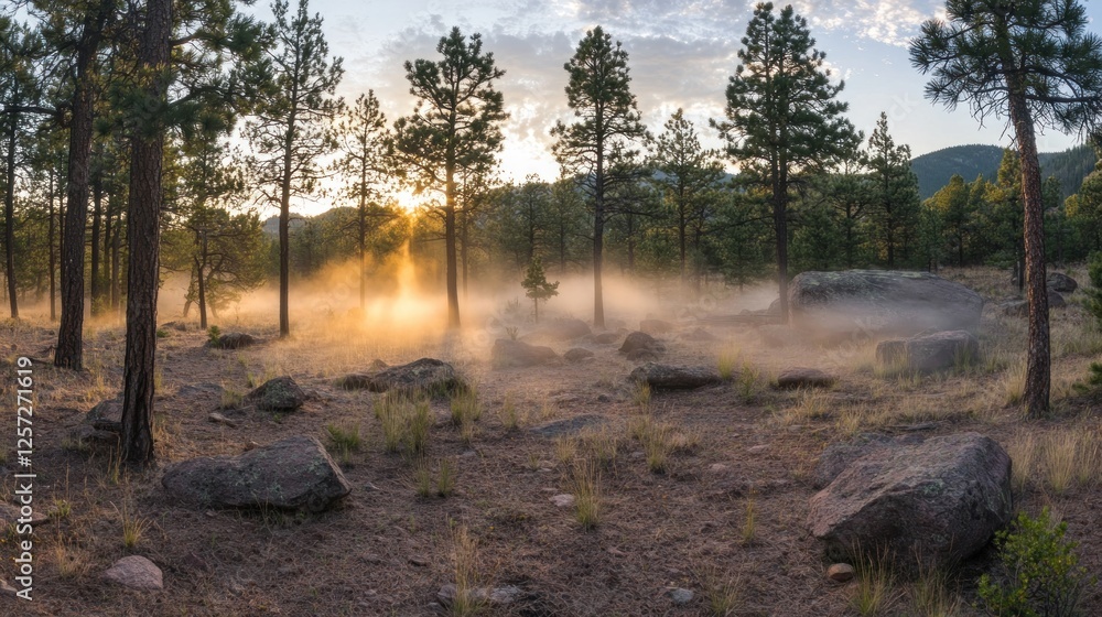 Aufkleber Sunlight filtering through trees creating a misty ethereal forest scene