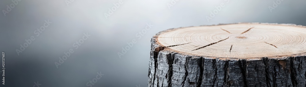 Poster tree stump on gray background showcasing wood texture and natural details in a minimalist compositio