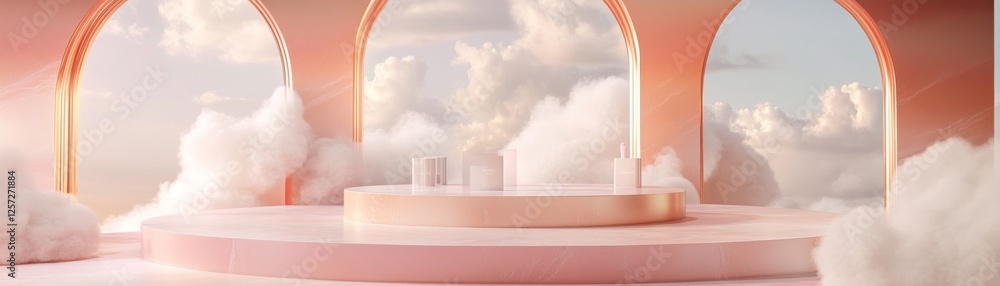Poster elegant pastel platform with clouds and arched windows backdrop