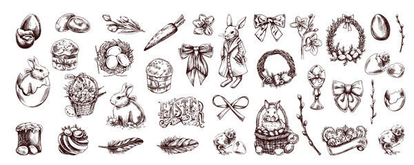 Vintage easter holiday hand drawn sketch illustration set  in engraved style