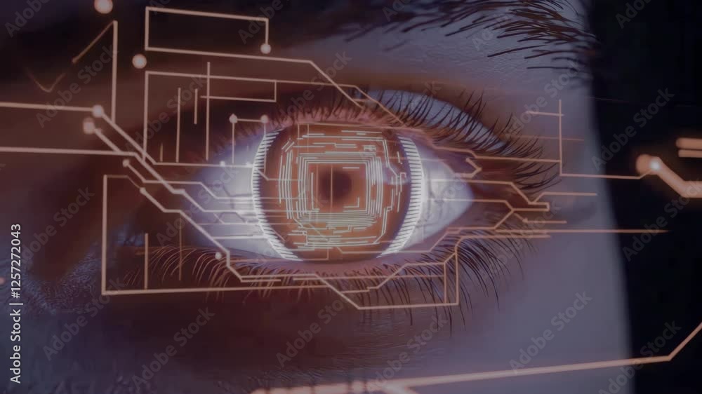 Poster close up of human eye with digital circuit patterns overlay symbolizing technology integration, futu