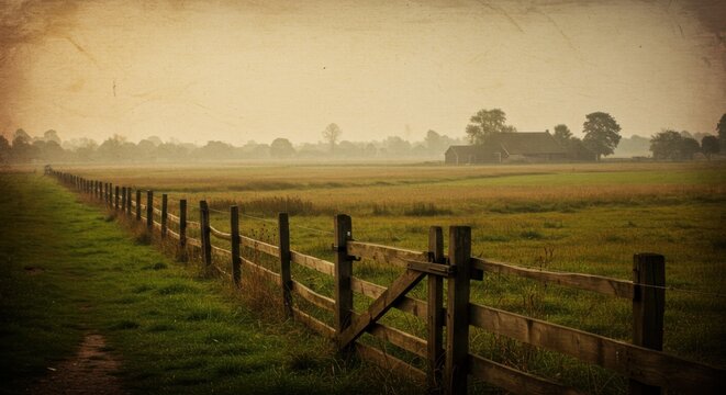 Rustic countryside landscape with fence and farmhouse at sunrise - Powered by Adobe