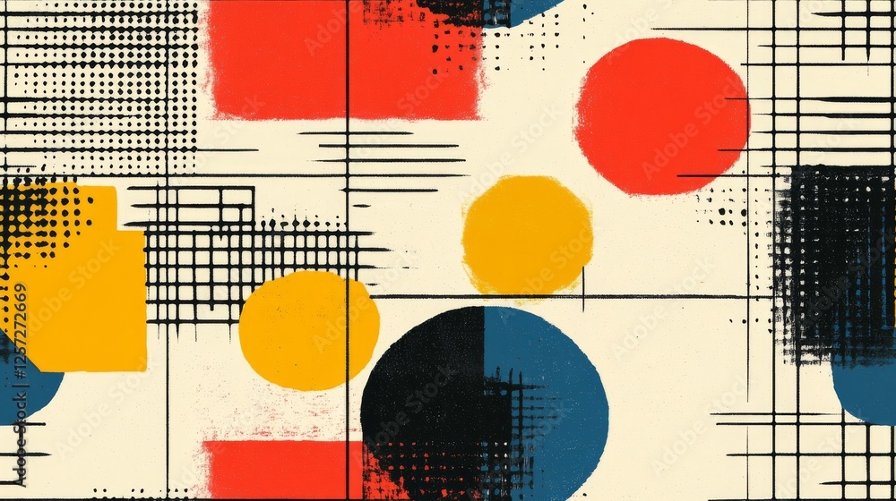 Poster abstract geometric composition with primary color shapes and gridlines