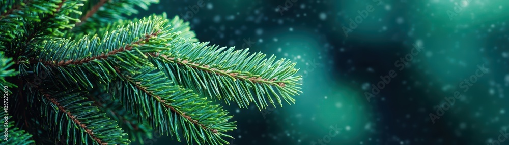 Poster pine tree branch covered in fresh snow with snowflakes falling in a winter landscape