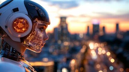 In a high-tech cityscape, a female android with a chrome face and bright circuitry patterns gazes thoughtfully at the sunset, blending technology with tranquility