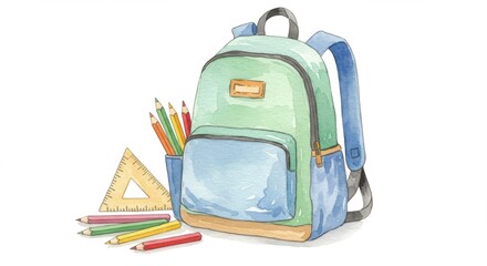 Fototapeta premium Watercolor backpack and school supplies with colorful pencils and ruler