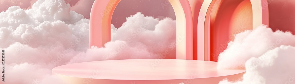Poster pink platform with arches surrounded by soft white clouds
