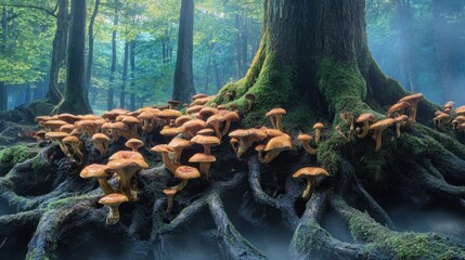Obraz premium A magical forest scene with giant mushrooms growing among moss-covered tree roots