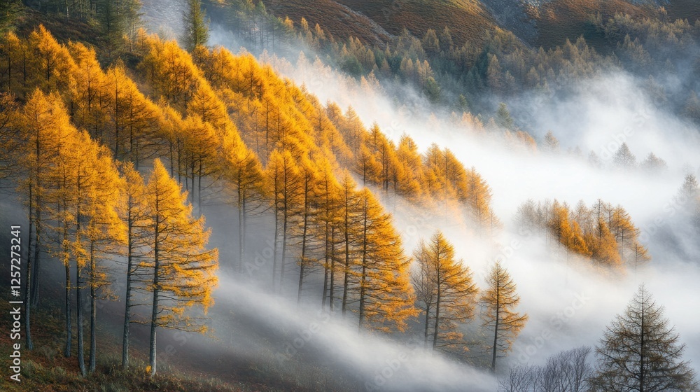 Poster autumnal golden trees cascade down a hillside enveloped in mist