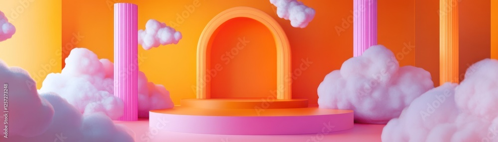 Poster abstract rendering features a pink podium and fluffy white clouds
