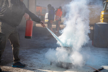 Construction Worker Fire Drill, Fire Extinguisher Training, Safety Training, Road Construction Safety