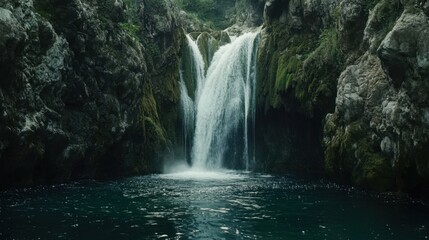 A majestic waterfall cascading down moss-covered cliffs into a crystal-clear pool below