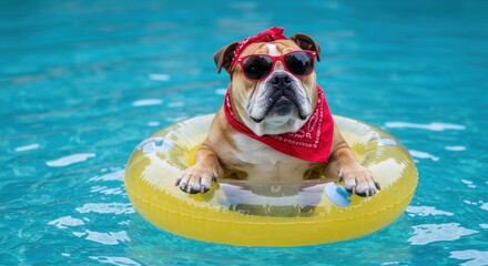 Cute bulldog relaxing in pool on inflatable ring with sunglasses and bandana