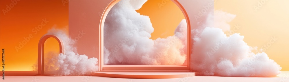 Poster arches frame clouds in abstract orange gradient scene
