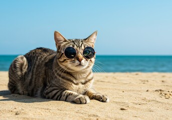 Obraz premium Cool Cat on Beach Wearing Sunglasses Summer Fun