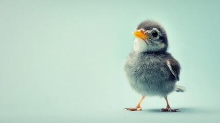 Adorable fledgling bird stands prominently against a cool light blue background