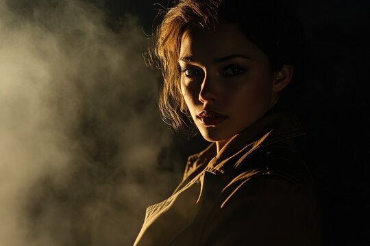Intense gaze contrasts with soft smoke, creating captivating mys