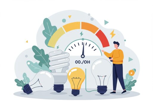Energy efficiency concept with light bulbs and gauge in modern illustration