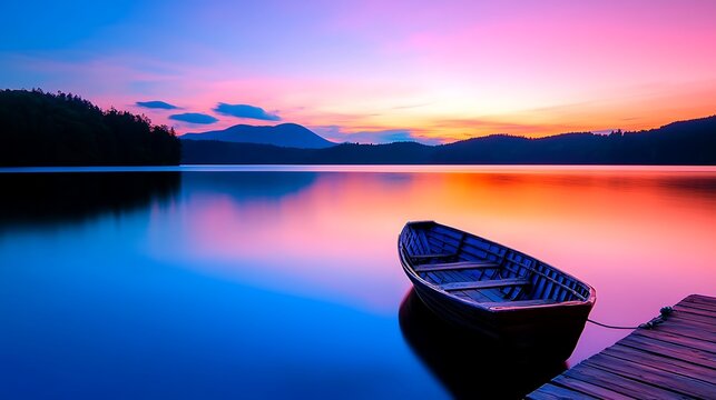 Colorful Sunset Over Calm Lake With Rowboat And Wooden Dock