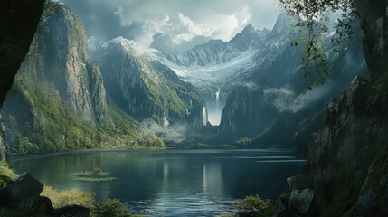 A mountain lake with a mirror-like surface reflecting the stunning landscape