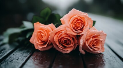 Soft morning light highlights dew-kissed peach roses resting on a wooden surface, surrounded by gentle blurred greenery that enhances the tranquil atmosphere