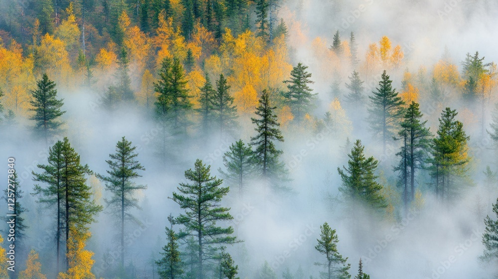 Poster autumnal forest landscape with a thick layer of dense fog
