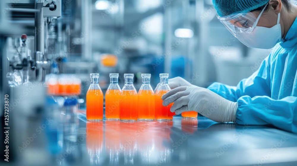 Poster scientist conducting research in laboratory with equipment and samples on workbench