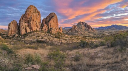 Fototapeta premium A mystical desert with towering rock formations glowing at sunrise
