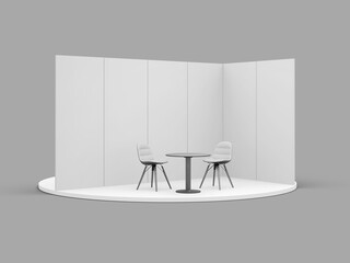 White Blank Exhibition Booth Mockup 3D Rendering with Chair and Table