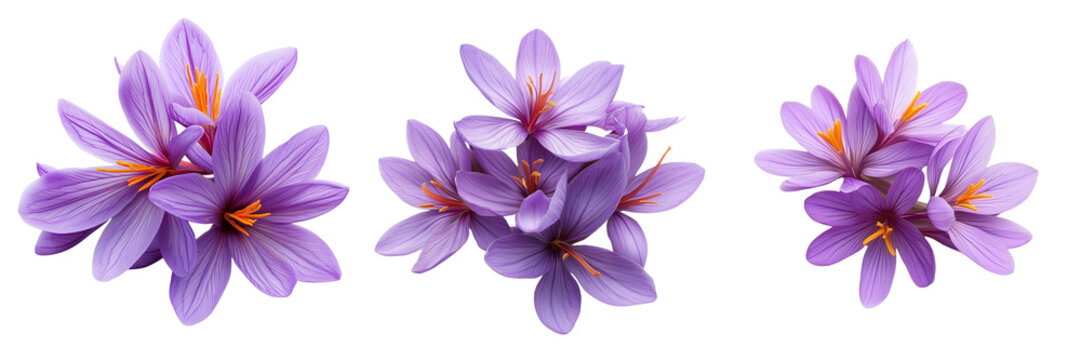 Fototapeta Set of A crisp, detailed shot of saffron flowers in their full bloom, showcasing the rich purple petals and orange stamens on transparent png background. Ai generated