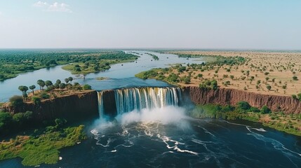 Fototapeta premium A river flowing over a wide waterfall, creating a curtain of cascading water