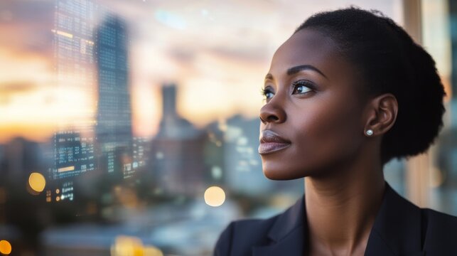 A poised Black executive woman looks into the distance, her profile enhanced by a vibrant urban skyline and subtle digital data, capturing ambition and innovation