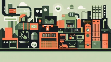 Illustrated green and orange recycling plant promoting environmental consciousness