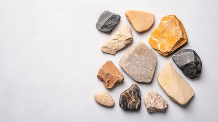 Stones on Grey: An assortment of smooth, textured stones in various shades of gray, brown, and beige are arranged in a scattered pattern on a grey backdrop, creating a minimalist, natural composition.