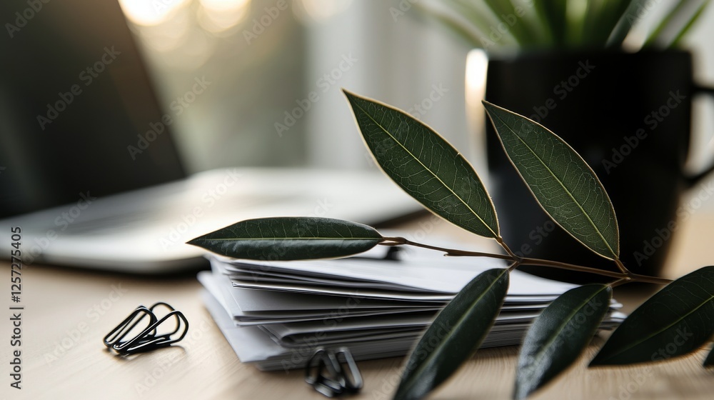 Aufkleber documents neatly piled on a desk in a business setting