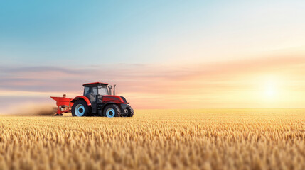 Golden Hour Harvest: A red tractor traverses a vast, golden wheat field, casting a long shadow in the warm glow of the setting sun. The scene evokes a sense of tranquility and hard work.  